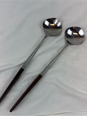 Vintage MCM Epic Forged Stainless Steel and Brown Wood Salad Server Set